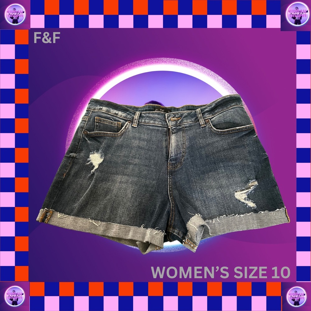 F&F Dark wash distressed denim shorts with raw hem